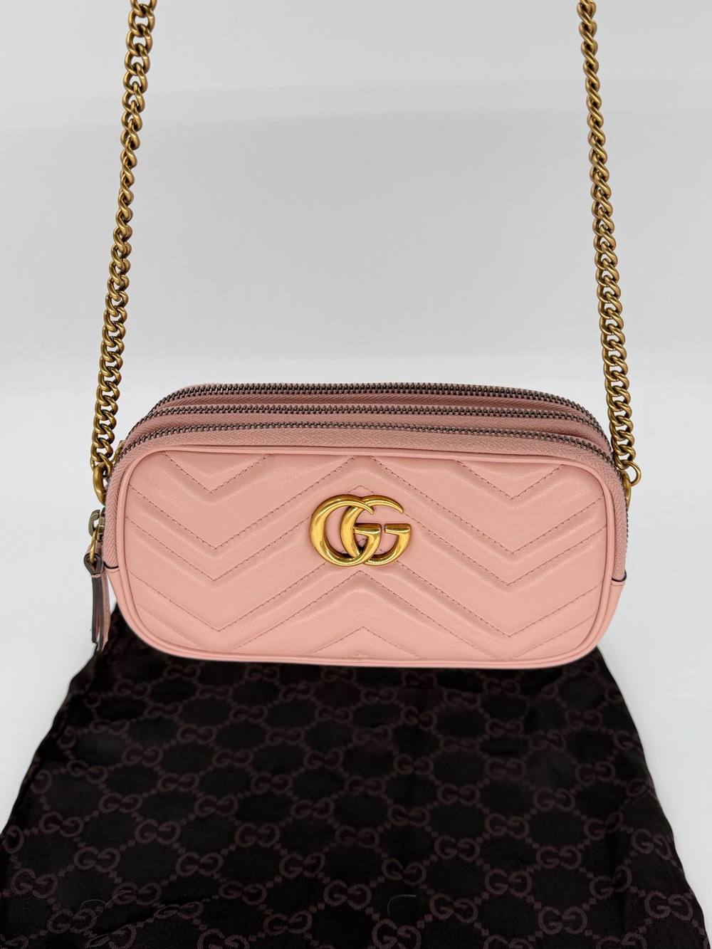 Gucci GG Blush Marmont Triple Zip Camera Crossbody w/Dust Bag and Entrupy COA